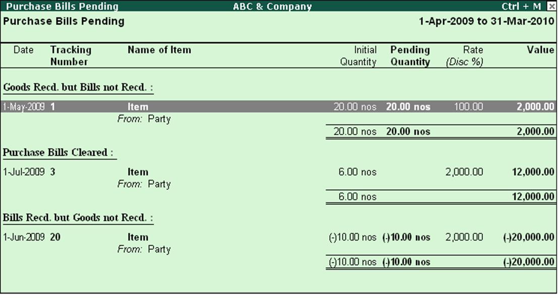 Image result for purchase bill pending in tally